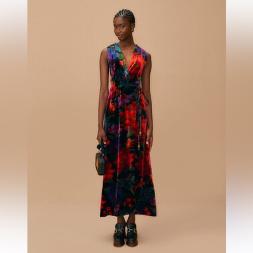 FARM Rio Multicolor Floral Velvet Maxi Dress — Red, Blue, Purple